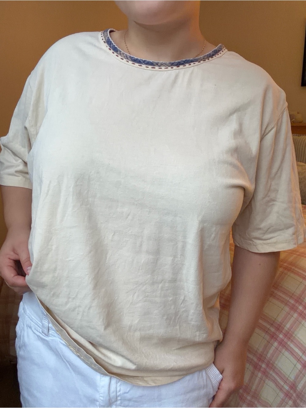 Vintage 90s Eagle's Eye Plaid Neckline Top - Tan Grandmacore Short Sleeve